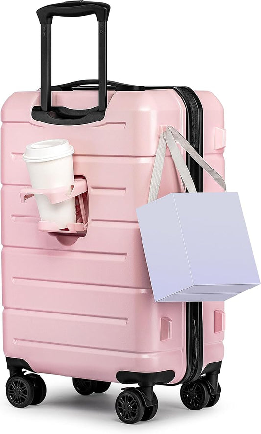 KYME Carry On Luggage 22x14x9 Airline Approved Hardshell Carry On Suitcases with Wheels Travel Rolling 20 Inch Luggage with Cup Holder for Women,Carry-on Pink