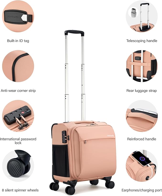 Hanke 16 Inch Underseat Carry On Luggage with Wheels Small Suitcase Softside Luggage Bags for Travel Lightweight Suitcases with Wheels Travel Luggage Personal Item for Men and Women(Pink)