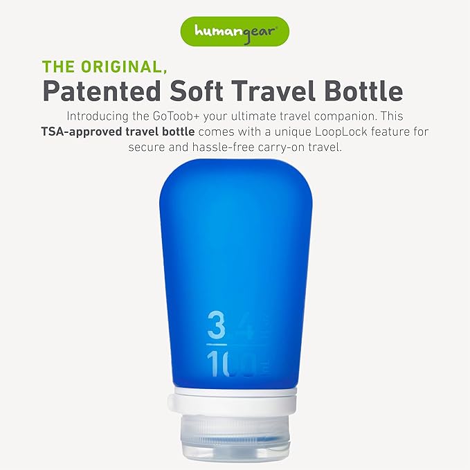 humangear GoToob+ (Large) | Refillable Silicone Travel Bottle | Locking Lid | Food-Safe Material | Dark Blue, Large (3.4 fl.oz.; 100ml)