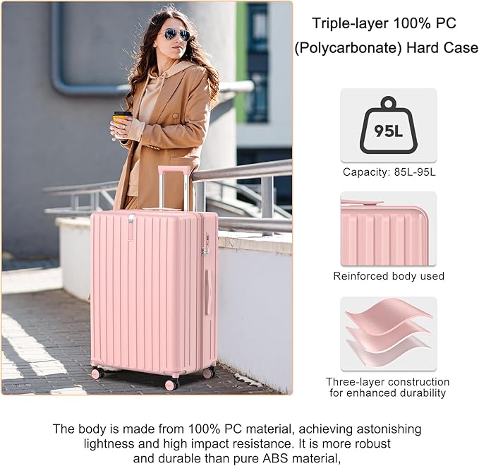 28 Inch Expandable Luggage with Wheels Checked Bag Luggage Hard Shell PC Suitcases Lightweight Travel Checked Luggage Large Suitcase with Lock for Woman Men Travel