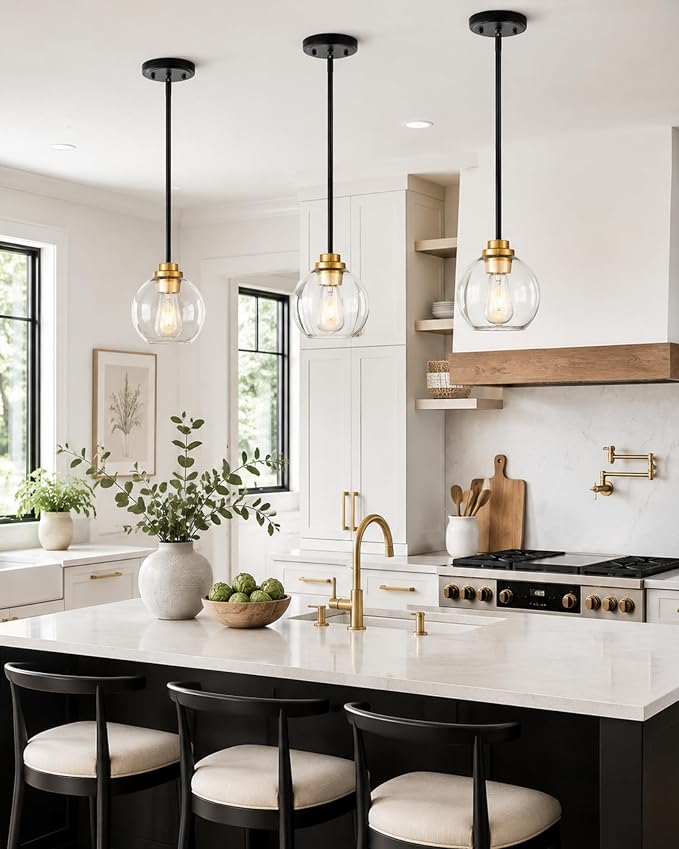 Pendant Lights Kitchen Island, 7" Black and Gold Hanging Lights Fixtures with Clear Glass Globe Shade, Modern Kitchen Island Lighting for Bathroom, AD-22280-1P-KG
