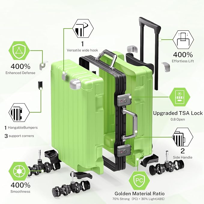 Krute Carry On Luggage 20 inch Aluminum Frame Luggage with Spinner Wheels Hardshell No Zipper PC+ABS TSA Lock Zipperless Suitcases