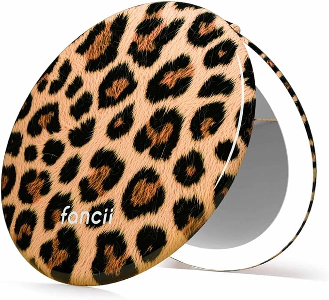 Fancii Taylor LED Lighted Travel Makeup Mirror, Rechargeable, 10x /1x Magnifying, Tru-Glow Lighting System, XL Large 5” Wide | Compact Mirror for Purses (Cheetah Chic)
