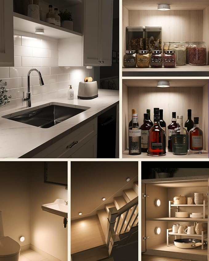 EZVALO 8 Pack Motion Sensor Closet Lights, 1200mAh Rechargeable Under Cabinet Lights, Night Lights, Puck Lights, Dimmable, 3 Color Temps, Magnetic, Stick-On for Kitchen, Stairs, Closet