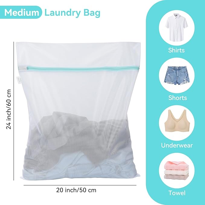 OTraki Medium Mesh Laundry Bags 20x24 inch Zipper Lingerie Bags for Washing Delicates Laundry Mesh Bag Machine Washable for Travel Dorm Hotel Camp, Don't Drying, Melting 140-176℉ White