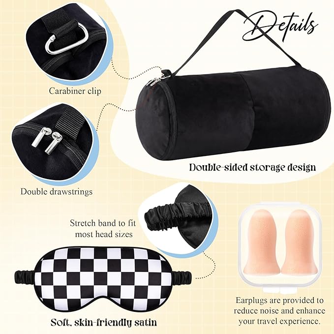 5 Pcs Travel Pillow and Blanket Set, 5 in 1 Travel Airplane Compact Includes 40 x 60 Inch Throw Blanket Eye Mask Neck Pillow Earplug and Bag Gifts for Travelers Women(Checkered,Black)