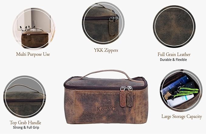 KomalC Leather Toiletry Bag For Men & Women, Handcrafted Travel Kit, Water-Resistant Shaving Bag For Men Travel, Premium Rustic Toiletry Pouch with Zipper Closure (1 Zip Hunter)