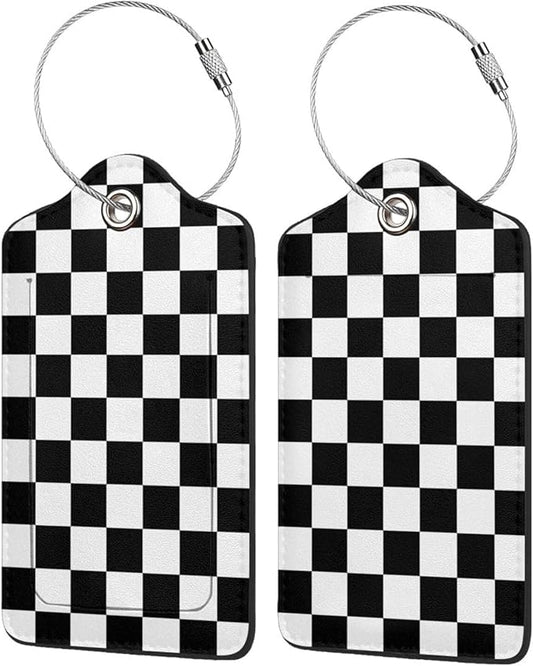 2P Black White Plaid Lines Race Grid Checkered Flag Luggage Tags Privacy Cover ID Label with Stainless Steel Loop and Address Card for Travel Bag Suitcase Funny Cute Man Women Kids