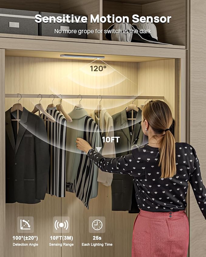 Under Cabinet Lights with Remote Control, USB Rechargeable Battery 180 Lumen Motion Sensor Indoor Light,3 Pack Wireless Under Counter Light,3 Color Dimmable Closet Lighting for Kitchen,Stairs,Wardrobe