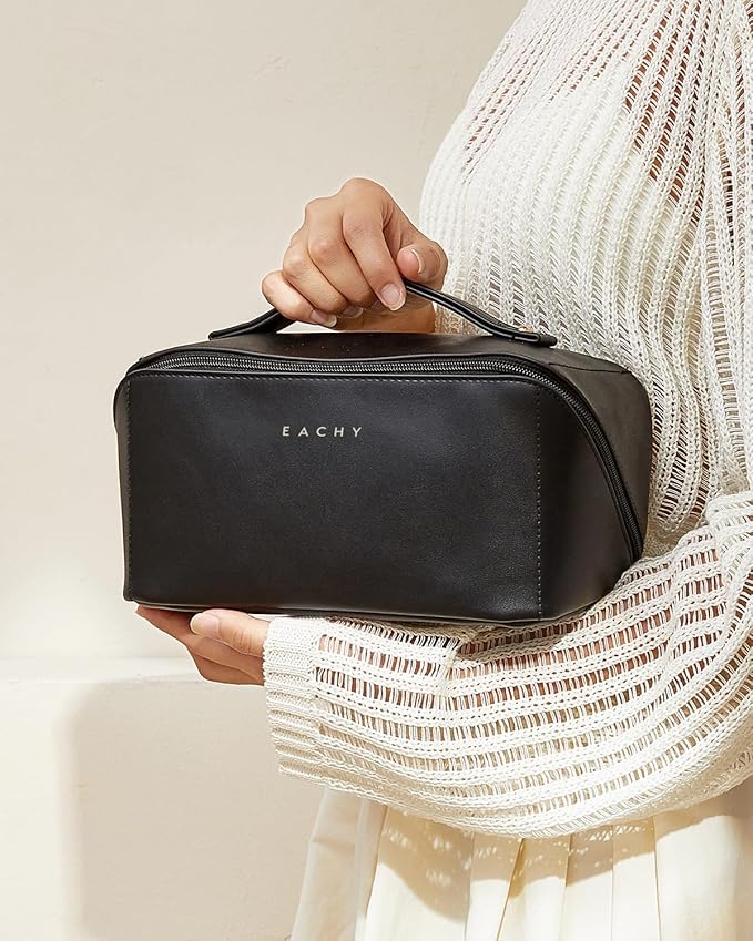 EACHY Travel Makeup Bag, Large Capacity Cosmetic Bag for Women, Waterproof PU Leather, Flat Open Portable Toiletry Bag for Skincare, Brushes & Travel Essentials