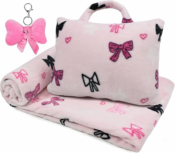 3-in-1 Kids Travel Blanket and Pillow Set, 40x60 Inch Pink Bow Blanket for Girls,Compact Set with Bow Keychain, Ideal Birthday Travel Essential