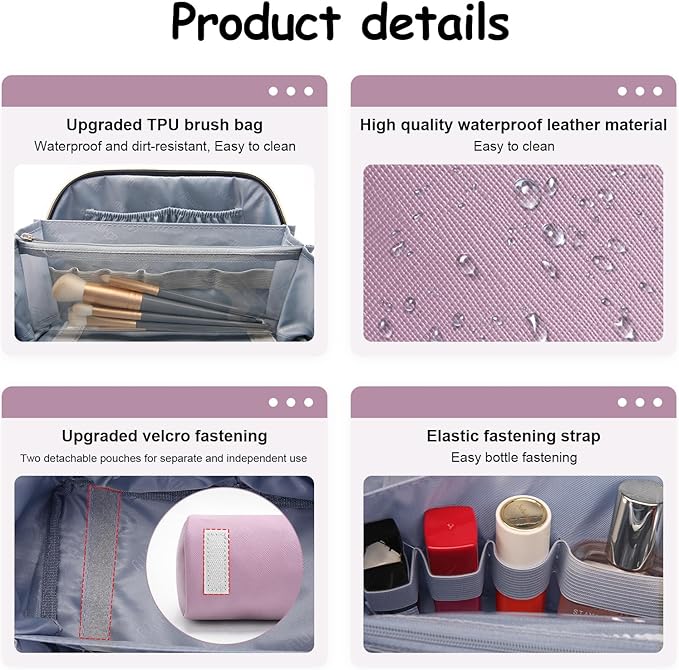 BOYATU Travel Makeup Bag Organizer Cosmetic Bag: 3 Pcs Set Make up Bags for Women with Handle - Waterproof Vegan Leather Toiletry Bags Travel Essentials Pouch with Compartments (C-06-Purple)