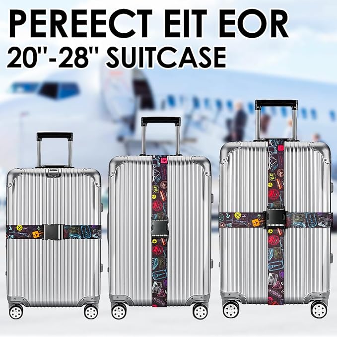 Gutsdoor Luggage Straps for Suitcases Adjustable Travel Belt, Connector Holds Suitcase Bright Colorful Identifiers Travel Bag Accessories (Airplane Black)