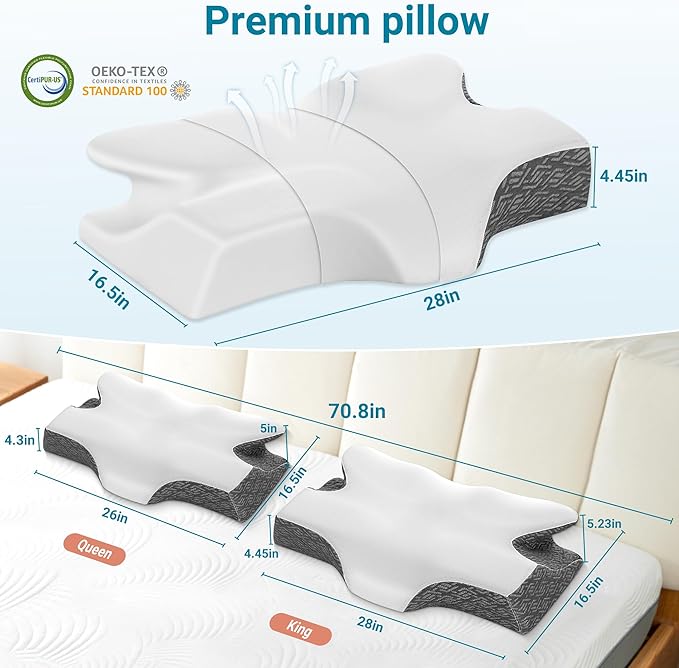 Elviros Cervical Neck Pillow for Sleeping, Memory Foam Pillow for Neck Pain Relief, Side Sleeper Cooling Pillows for Adults, Neck Support with Removable Pillowcase for Back & Stomach Sleepers