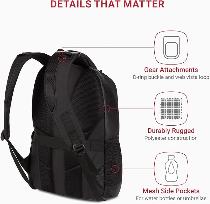 SWISSGEAR Cecil 18-Inch Laptop Backpack Fits 16-Inch Laptop, Travel Daypack with Organizer Pockets, Water Bottle Holders & Padded Straps – Black Hex