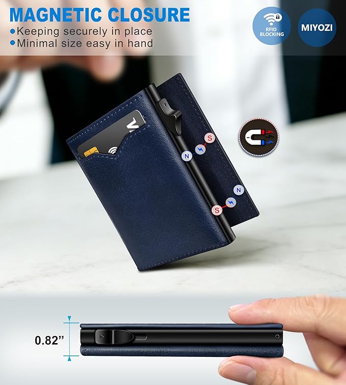 miyozi Wallet for Men,with Cash Pocket 2 ID Window 9-13 Cards,Metal Case Smart Slim Pop Up Credit Card Holder Flip with Magnetic Closure RFID Blocking Trifold wallet with Gift Box