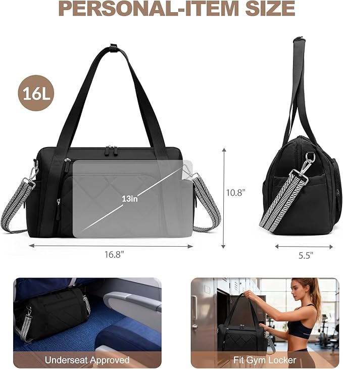 Gym Bag for Women, Duffle Weekender Bags for Travel, Lightweight Weekender Tote with Wet Pocket for Sports, Workout and Dance Black