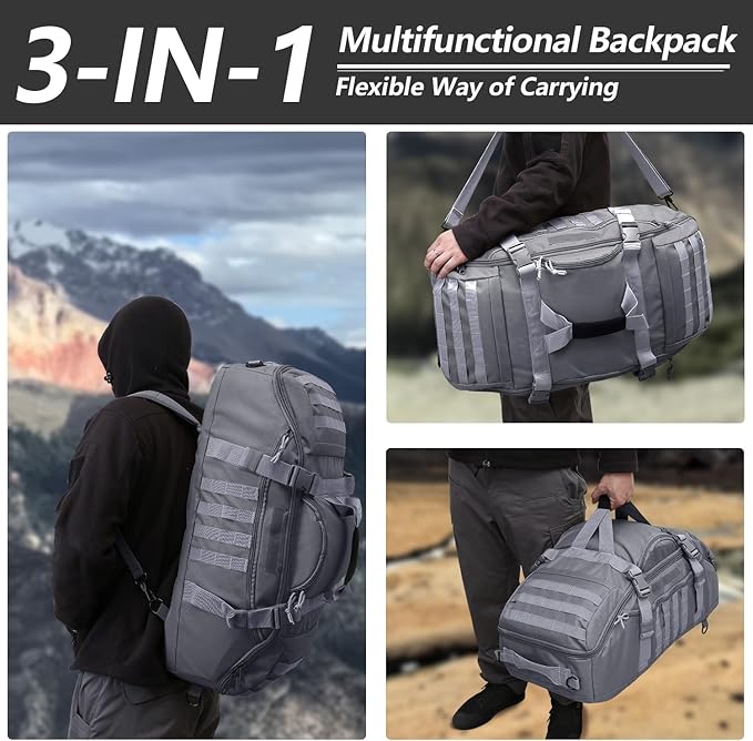 65L Large Duffle Bag, 3-in-1 Tactical Backpack MOLLE Pack for Sports, Gym, Outdoor, Grey