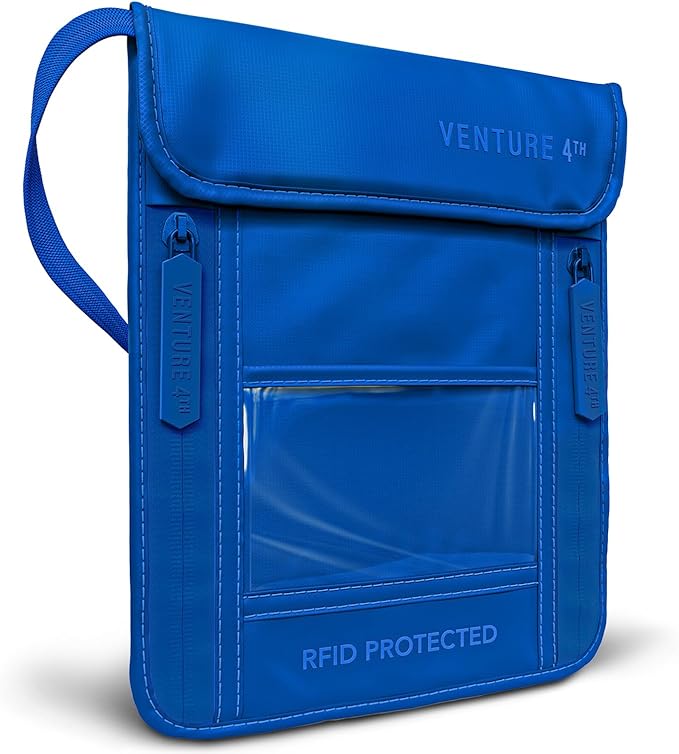 VENTURE 4TH Neck Wallet for Women & Men – RFID Blocking Passport Holder for Travel, Hidden Neck Pouch with 6 Compartments, Slim Lightweight Travel Organizer with Adjustable Strap (Sleek Blue)