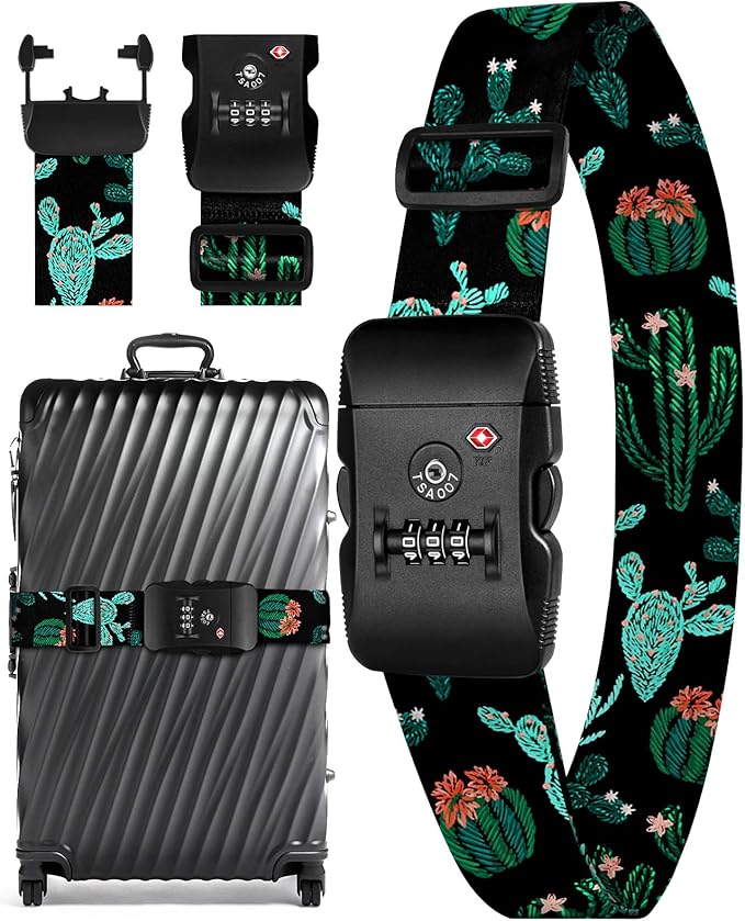 Slohif Luggage Straps TSA Lock for Suitcases - Travel Belt TSA Approved Accessories Luggage Identifiers Carry On Bag with Buckle Nylon Adjustable Band for Add a Bag Cactus