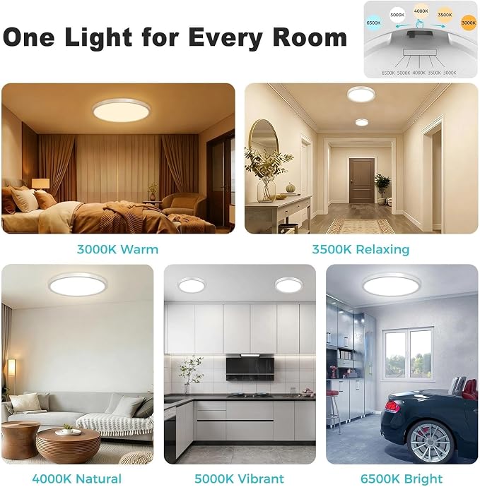 libtit 2Pack 13inch LED Flush Mount Ceiling Light, Dimmable & 5Color Temperatures (3000K-6500K), 24W Round Slim White Light Fixture for Bedroom Livingroom Garage Kitchen