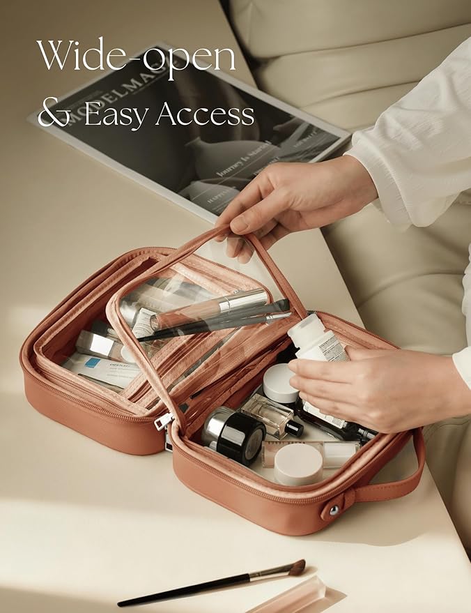 Clear Cosmetic Bag Double Layer Travel Toiletry Bag Clear Makeup Bag Case with 4 Compartments, Transparent Travel Bag for Toiletries, Large Toiletry Bag for Women Cosmetic Case (Brown, Small)