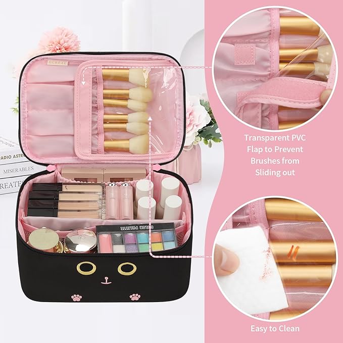 OCHEAL Makeup Bag,Travel Makeup Organizer Bag, Cute Cosmetic Bags for Women Girls Travel Toiletry Bag Traveling With Brush Slot And Divider-Cat