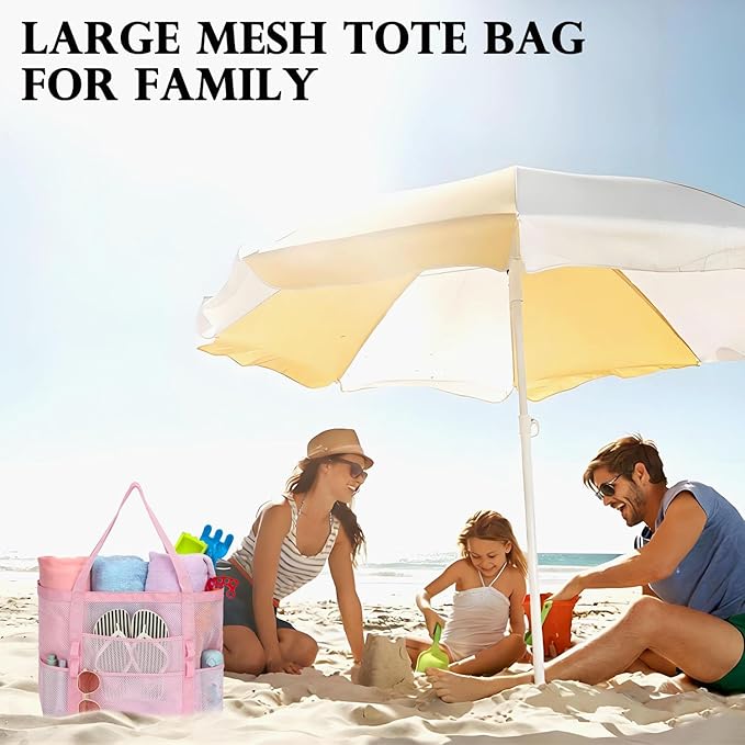 Fammart Mesh Beach Bag, Large Beach Tote with Zipper Pocket, Toys Pool Bag for Family Travel Vacation Cruise Essentials