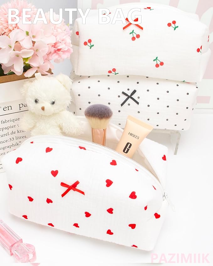 PAZIMIIK Cozy Makeup Bag Small Aesthetic Travel Zipper Cosmetic Pouch for Women Make Up Beauty Accessories Brushes,Heart Red