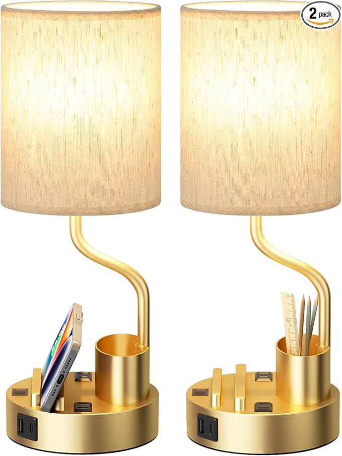 Bedside Lamps for Bedroom Set of 2 - Table Desk Lamp for Nightstand | 15" Table Lamp for Living Room with Pen Holder & Phone Stand, USB A+C Port, AC Outlet, 3 Color Temperature, LED Bulb Included