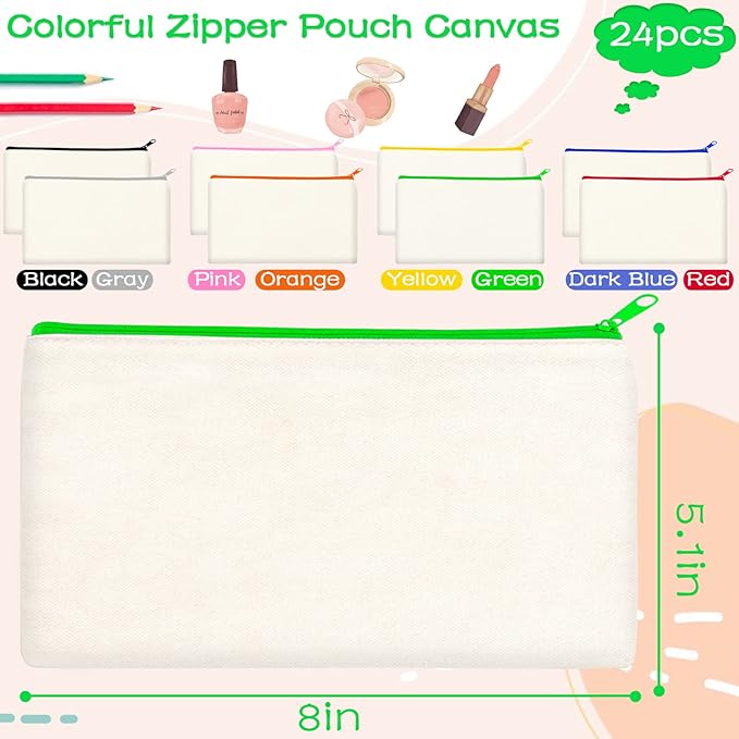 ZeeDix Canvas Pouch- Multi-purpose Cosmetic Bag with Zipper, DIY Craft Canvas Zipper Pouch Blank Makeup Bags Bulk Travel Toiletry Bag for Storage (8.3 x 5 inches)