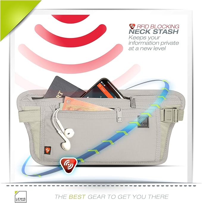 Lewis N. Clark Travel Money Belt Pouch, Slim RFID Blocking Anti Theft Waist Stash Pouches for Cash, Cards and Passport Holder