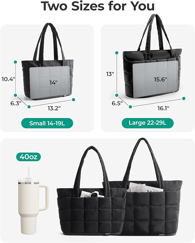 BAGSMART Expandable Tote Bag for Women, Puffer Work Tote Handbag, Quilted Carry On Bag for Travel Gym