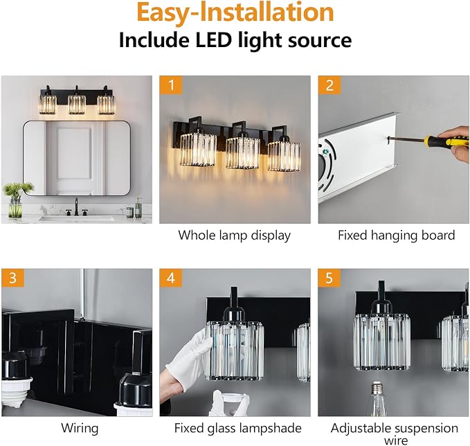Modern Bathroom Vanity Light 3-Lights Plating Black Vanity Light Crystal Wall Light Bathroom Light Fixtures