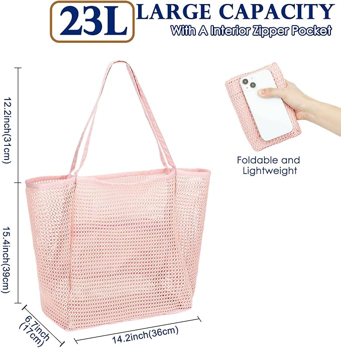Fammart Mesh Beach Bag, Large Beach Tote with Zipper Pocket, Toys Pool Bag for Family Travel Vacation Cruise Essentials