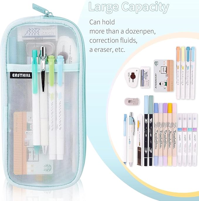 EASTHILL Grid Mesh Pen Pencil Case with Zipper Clear Makeup Color Pouch Cosmetics Bag Multi-Purpose Travel School Teen Girls and Boys Transparent Stationary Bag Office Organizer Box for Adluts(Green)