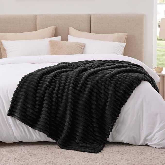 EXQ Home Fleece Blanket Twin Size for Couch or Bed - 3D Stripe Jacquard Decorative Blankets - Cozy Soft Lightweight Fuzzy Flannel Blanket Suitable for All Seasons(60"×80",Black)