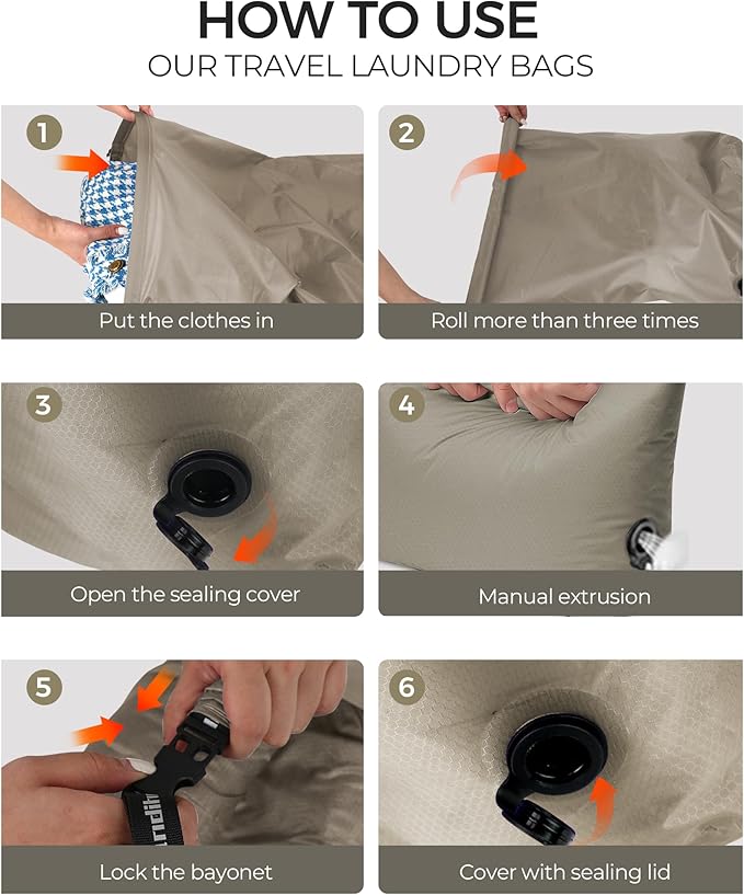 Travel Laundry Bag, Pump Free Vacuum Storage Bag Reusable Compression Dirty Clothes Travel Bag (2 Pcs)(Grey, Large+Large)