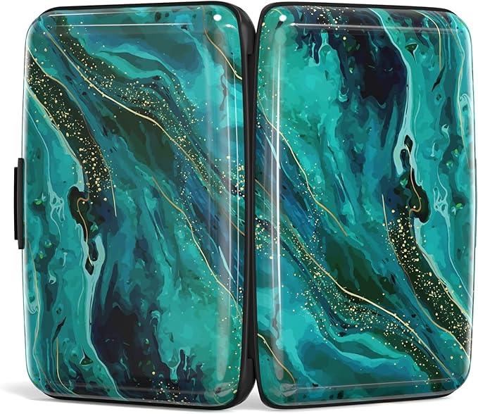 Credit Card Holder, Mini Aluminum Card Wallet RFID Blocking Slim Metal Hard Card Case for Women Men, Ocean Marble