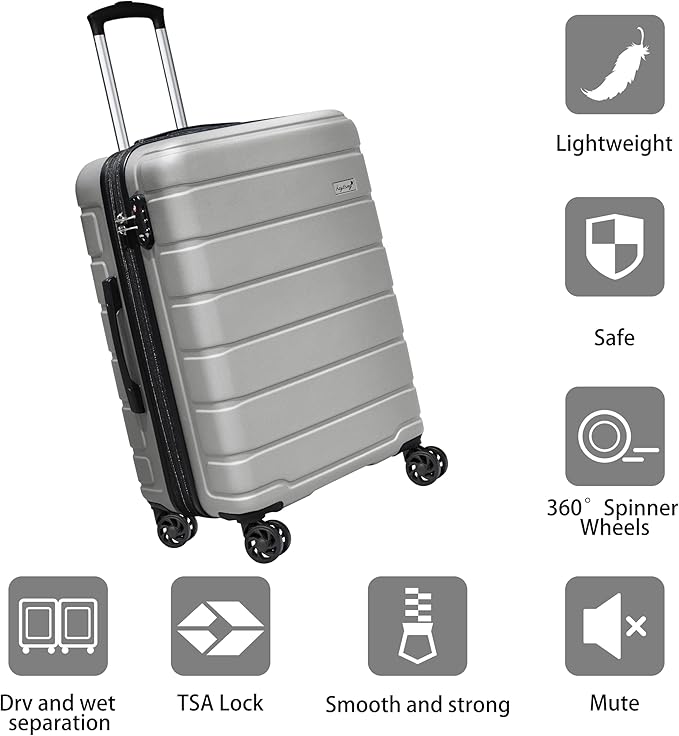 Explorer Lightweight Hardshell 20% Expandable 3-Piece Luggage Set with TSA Lock, Double Spinner Wheels, and Carry-On Suitcase, Silver