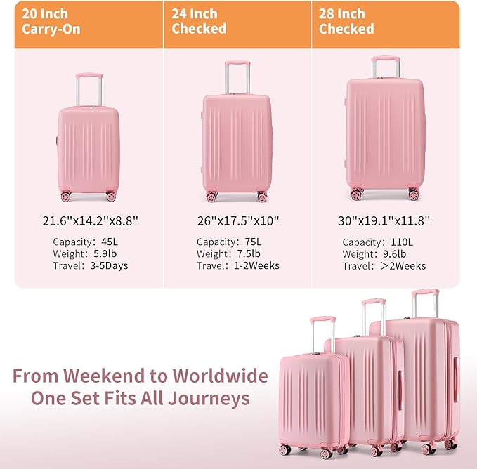 Kono Expandable Luggage 3 Piece Set Hardshell Lightweight 20in 24in 28in Carry On Suitcase with Spinner Wheels TSA Lock(Pink)