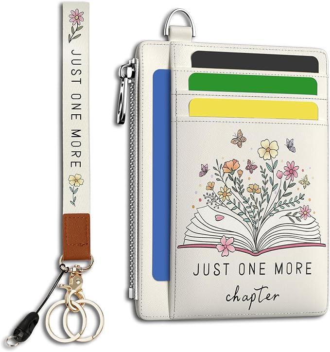 Hancynir Book Lover Floral Flower Slim Wallet Women Credit Card Holder, RFID Blocking Front Pocket Wallet Wristlet Keychain Lanyard, Small Cute Mini Card Case, Thin Travel Zipper Coin PU Leather Gifts