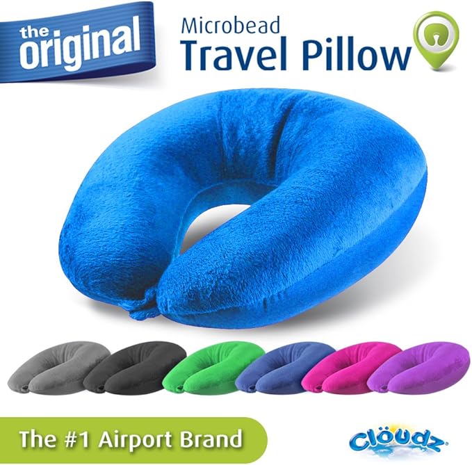 Cloudz Dual Comfort Microbead Airplane Travel Neck Pillow. Soft Cozy Plush Fabric on One Side, Cool Relaxing Spandex on The Other! Customize Your Comfort and Support at Home or On The Go! Bright Blue
