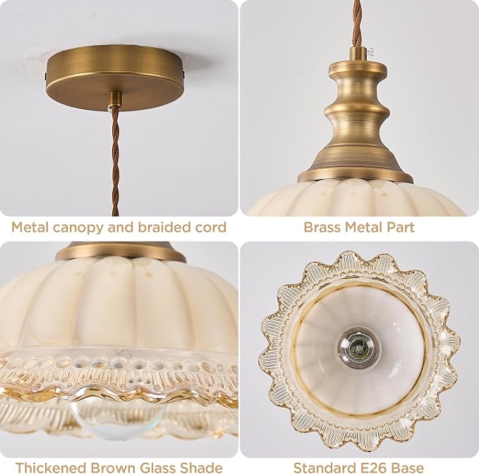 HDDFL Glass Pendant Lights Modern Pendant Lighting Fixtures Hanging Lamp for Kitchen Island Bedroom Dining Room Coffee Shop Hallway Brown and Brass