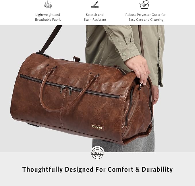 STOVER Garment Travel Duffle Bag, Large 2-in-1 Convertible Carry-on Luggage for Men & Women- Hanging Suits, Dresses & Clothes + Shoe Compartment- Weekender Tote Combo Duffel (Brown Leatherette)