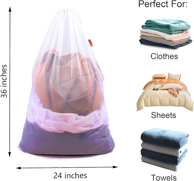 2 Pack Mesh Laundry Bags, 24 x 36 Inches Heavy Duty Drawstring Bag, Factories, College, Dorm, Travel and Apartment Dwellers, White