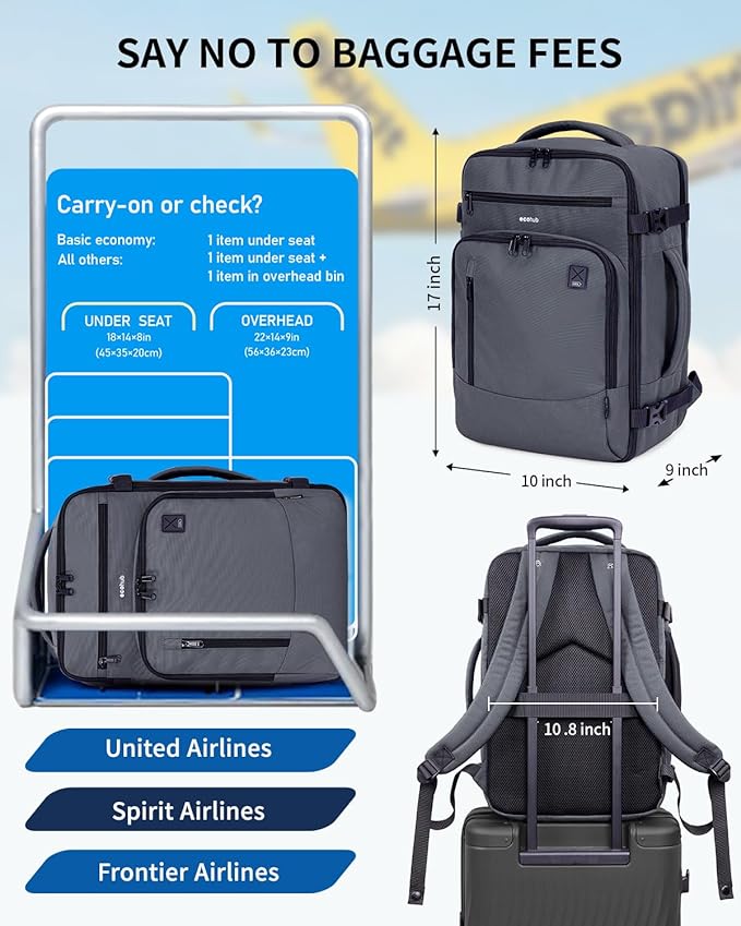 ECOHUB 17" Small Travel Backpack, United Airlines Personal Item Bag 17x10x9 with 16 Pockets, Water Resistant Rucksacks Fit 15.6" Laptop, AirTag Pocket, Lightweight Casual Daypack, 25L, Grey Green
