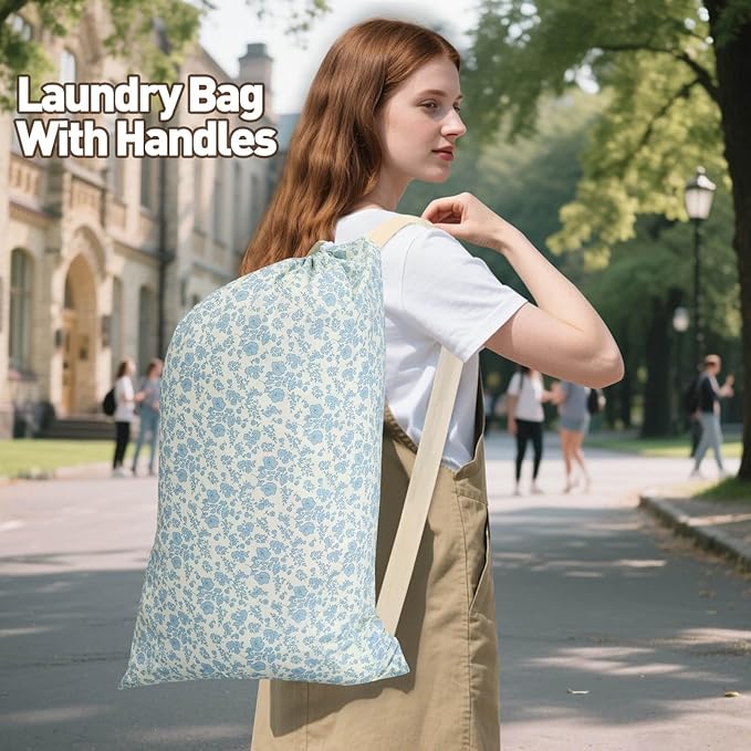 Laundry Bag, Dirty Backpack Laundry Bag For College Travel Laundromat Apartment, With Handles 29" X 18" (Blue Florals)