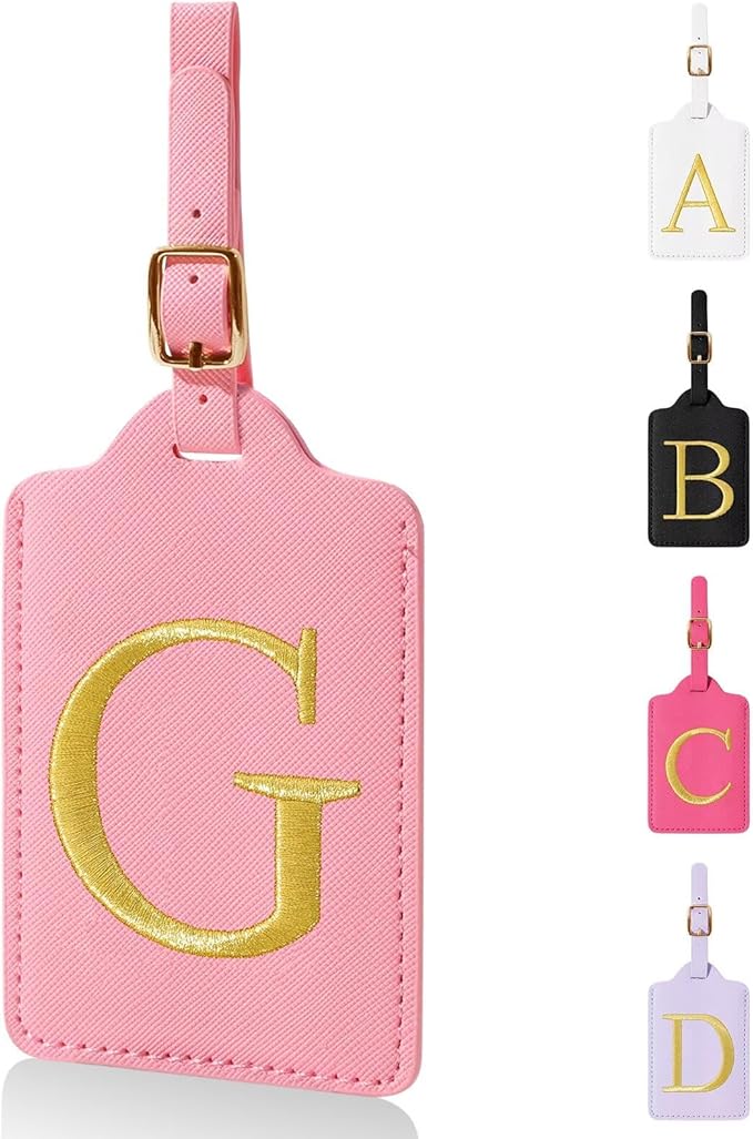 Personalized Initial Luggage Tags for Suitcases,Leather Letter Cute Luggage Tags with Privacy Name Card,Embroidered Monogrammed Travel Bag Backpack Tag Gifts for Women Kids Girls Teens(Pink-G)