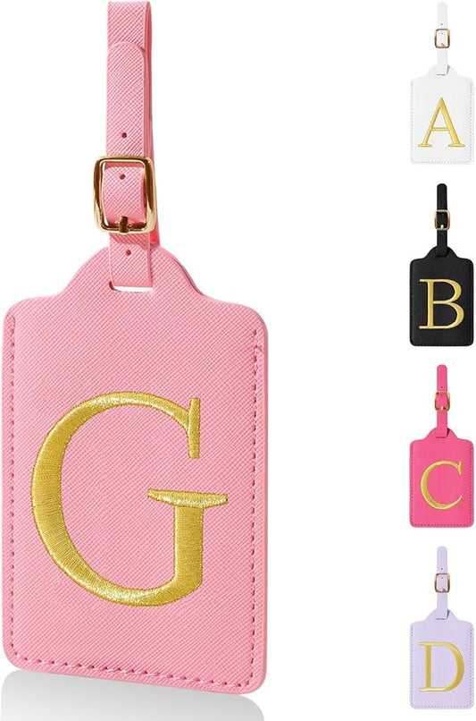 Personalized Initial Luggage Tags for Suitcases,Leather Letter Cute Luggage Tags with Privacy Name Card,Embroidered Monogrammed Travel Bag Backpack Tag Gifts for Women Kids Girls Teens(Pink-G)